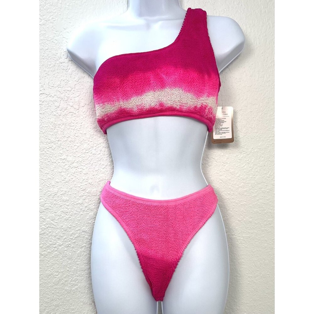 COCOFREE Womens MEDIUM Pink Gradient Ombre Rouched 2pc One Shoulder BIKINI NIP